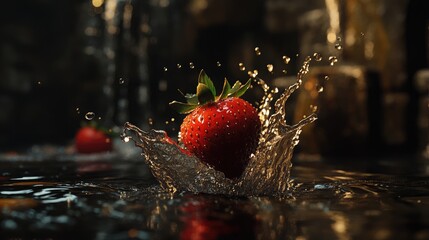 Poster - Strawberries splashing in water creating dynamic ripples amidst a serene natural backdrop with soft lighting and rich textures.