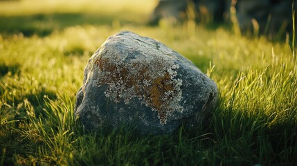 Poster - Lichen and moss covered stone in a lush green grass field under warm sunlight showcasing nature's beauty and tranquility