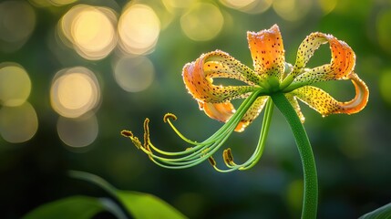 Aufkleber - Beautiful orange flower with green stamen glowing in morning sunlight against a bokeh background in a serene natural setting