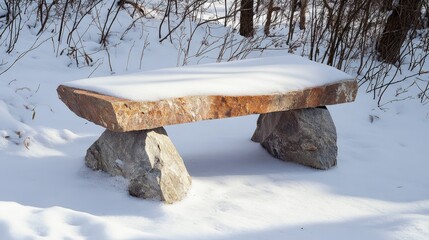 Aufkleber - Stone bench covered in snow surrounded by winter foliage in a serene forest setting.