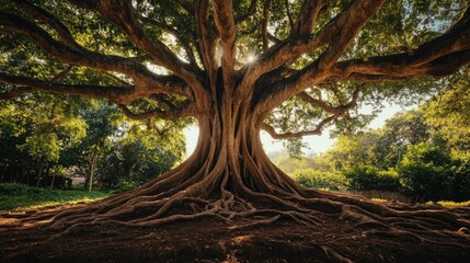 Aufkleber - Majestic old tree with sprawling roots and lush green foliage showcasing nature's beauty and the need for environmental preservation