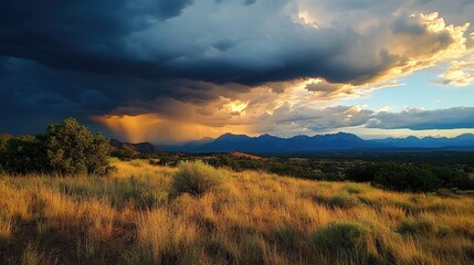Poster - Dramatic mountain landscape under stormy skies with contrasting light showcasing nature's beauty before a storm.