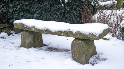 Aufkleber - Stone bench covered in snow surrounded by greenery creating a serene winter landscape scene