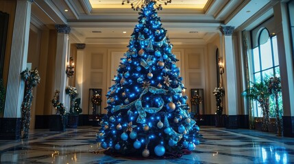 Aufkleber - Elegant Christmas tree adorned with blue lights and ornaments in a luxurious lobby setting, capturing the festive holiday spirit.