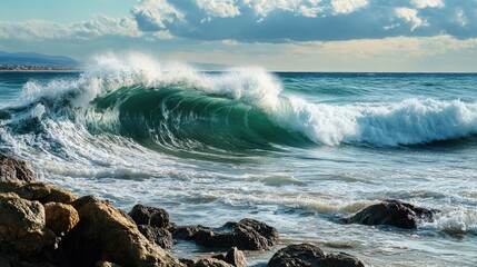 Aufkleber - Powerful ocean wave crashing against rocky shoreline under a cloudy sky capturing nature's beauty and dynamic coastal landscapes