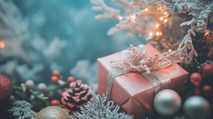 Aufkleber - Festive coral background with Christmas ornaments, gift box, and decorative elements for holiday-themed designs and celebrations