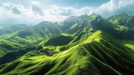 Aufkleber - Breathtaking mountain range featuring vibrant rolling hills and lush green grass under a dramatic sky with soft clouds.