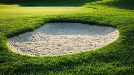 Golf course sand pit bunker surrounded by lush green grass creating a serene and challenging aesthetic for competitive play and beauty