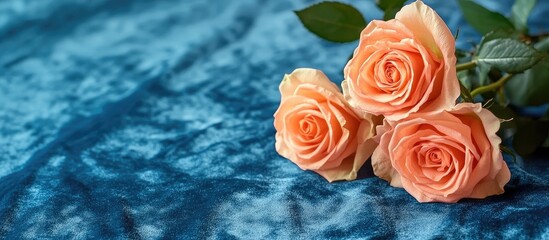 Aufkleber - Elegant bouquet of soft peach roses on a luxurious blue velvet background with ample space for wedding or birthday text design
