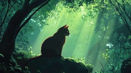 Poster - Silhouette of a stray cat in a sunlit forest creating a serene and tranquil woodland atmosphere with gentle light filtering through trees