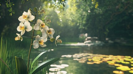 Fototapete - Delicate orchids blooming beside a serene pond in a lush green park setting basking in soft, natural light.