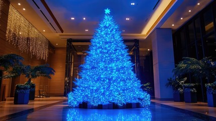 Poster - Elegant blue-lit Christmas tree adorned with ornaments in a festive lobby setting, capturing the spirit of the holiday season.