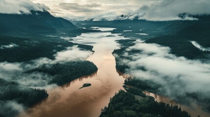 Poster - Aerial view of serene brown river meandering through lush green forests under dramatic cloudy sky at twilight