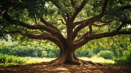Aufkleber - Majestic tree with sprawling branches creating a serene natural landscape under dappled sunlight in lush green surroundings