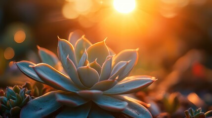 Leinwandbilder - Succulent plant basking in golden sunlight with a soft bokeh background creating a serene and warm atmosphere in nature.
