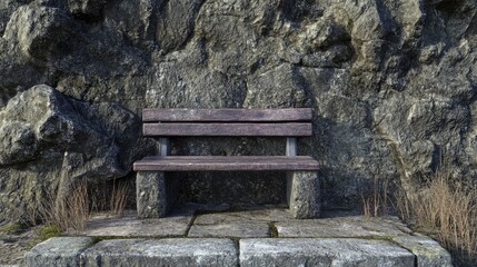 Poster - A wooden bench against a rugged stone wall surrounded by natural elements in a tranquil outdoor setting