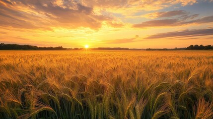 Poster - Golden wheat field under a vibrant sunset sky in a picturesque rural landscape setting.