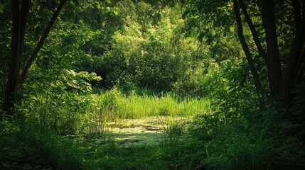 Poster - Lush Summer Landscape with Dense Green Vegetation and Tranquil Nature Scene