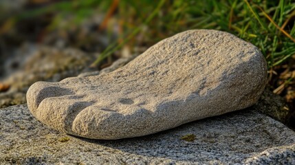 Leinwandbilder - Unique footpad-shaped stone resting on natural ground cover highlighting its texture and natural beauty in outdoor setting.