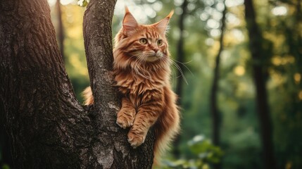 Poster - Majestic red Maine Coon cat perched on tree branch in lush green forest during summer afternoon sunlight