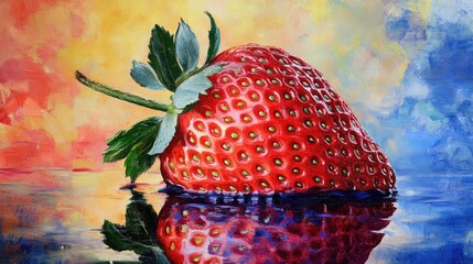 Fototapete - Vibrant strawberry with water droplets reflecting on a colorful abstract background showcasing freshness and nature's beauty