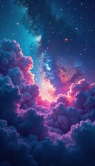 Wall Mural - Teal and purple nebula clouds with pink and gold stars shining through the darkness, nature, galaxy