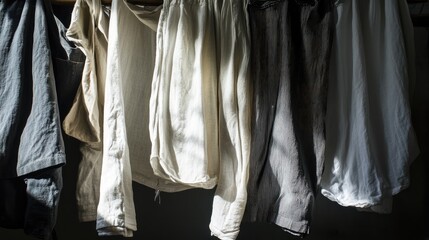 Aufkleber - Hanging garments in a studio showcasing a variety of textures and colors illuminated by soft light on a wooden rack