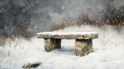 Aufkleber - Snow-covered stone bench in a serene winter landscape with falling snowflakes and soft atmospheric lighting