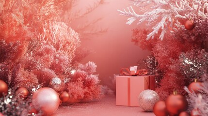 Aufkleber - Coral themed abstract background with Christmas decorations and a gift box for holiday themed designs and seasonal marketing materials