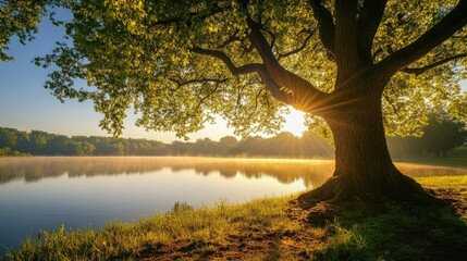 Poster - Majestic tree by serene lakeside at sunrise casting golden light over tranquil waters and lush greenery.