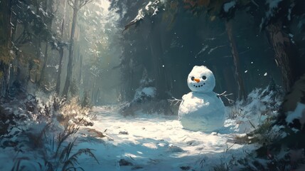 Aufkleber - Whimsical snowman nestled in a serene winter forest surrounded by soft sunlight and snow-covered trees