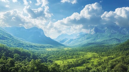 Poster - Lush green forests and majestic mountains under a vibrant blue sky in a breathtaking natural landscape scene