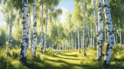 Poster - Birch grove under bright sunlight with lush greenery creating a serene and tranquil natural landscape scene.