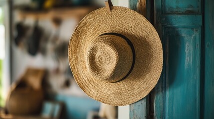 Poster - Straw hat gracefully hanging on a peg inside a rustic home showcasing warm ambiance and vintage charm