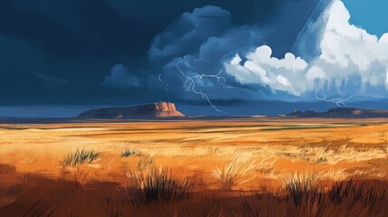Aufkleber - Dramatic storm approaching over golden plains with lightning striking in a vibrant atmospheric landscape painting
