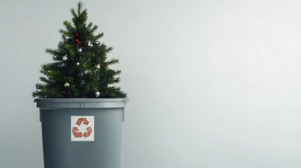 Wall Mural - Banner with Christmas tree in gray trash bin with recycling sign on light gray background with space for text. Holiday cleanup concept, garbage disposal