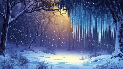 Wall Mural - Captivating winter scene of a snowy forest landscape under a starry night sky with glowing icicles hanging from the branches and a mystical fairytale like atmosphere