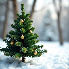 Fresh green Christmas tree on white tablecloth, winter, natural