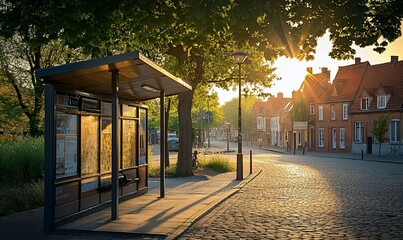 Sticker - Sunrise street scene, cobblestone road, bus stop