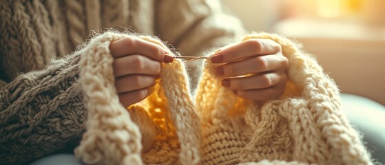 Wall Mural - Woman knits yarn sweater indoors, sunlight