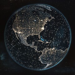 Wall Mural - Earth from space at night, illuminated by global network connectivity, highlighting North America, South America, Europe, Africa, Asia, and the Middle East