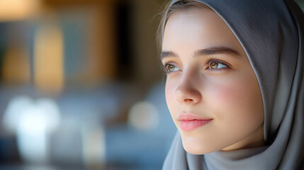 A young woman in a hijab gazes thoughtfully, showcasing serenity.