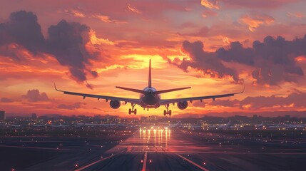 Wall Mural - Airport at sunrise offers a breathtaking panoramic view of a bustling tarmac, with planes taxiing and taking off against the backdrop of a vibrant orange and pink sky