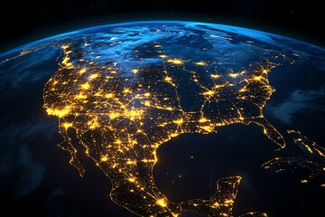 global network connections lighting up earth at night from space, with visible north america, south 
