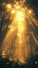 Wall Mural - Enchanted Woodland Sunlight Rays Illuminating Mystical Forest Landscape  Golden beams of light filter through the dense foliage creating a magical