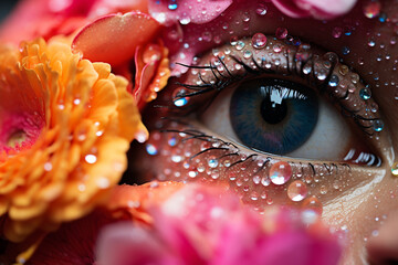 Wall Mural - raindrops on petals of flowers create a beautiful reflection of surrounding world transforming bloom