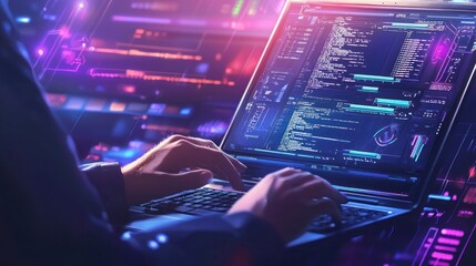 Cyberpunk Programmer Coding on Laptop
