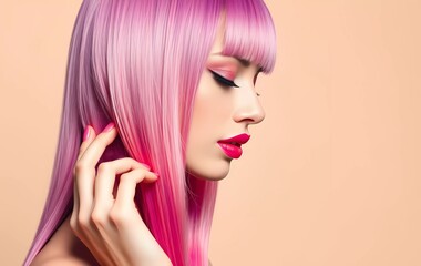 Beauty model girl with perfect healthy hair and beautiful makeup. Ombre pink with grey dyed hair