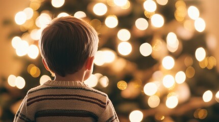 Sticker - A young child gazes in wonder at a beautifully lit Christmas tree, filling the room with festive cheer