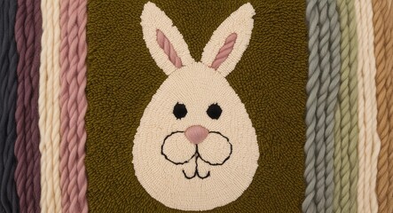 Wall Mural - Crocheted amigurumi face of bunny, knitted fabric handcraft for Easter day, on a fabric pattern background Cute religious banner